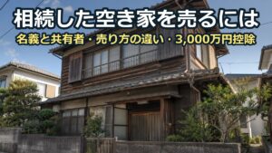 住宅街に建つ築年数の古い2階建て木造住宅を、ブロック塀の外の道路側から見上げたところ。晴れた日