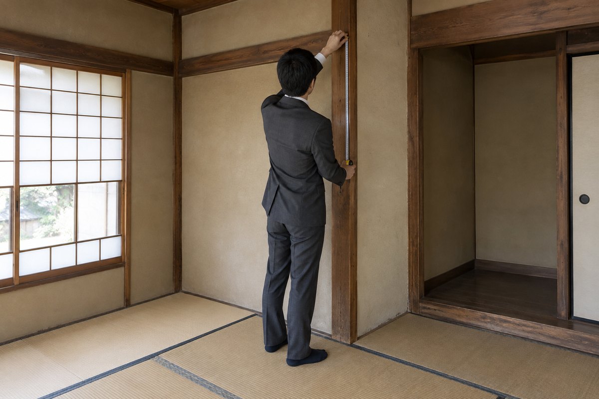 空き家の和室で、スーツ姿の人がメジャーを当てて柱の寸法を測っている後ろ姿