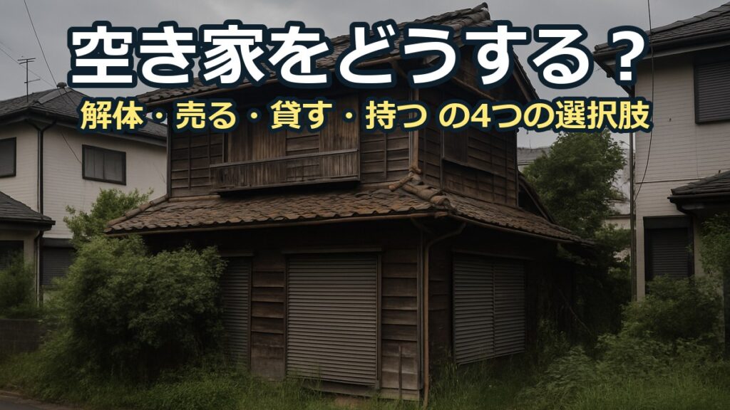 雨戸が閉まったままの古い木造の空き家。庭は草が伸び、曇り空の住宅街に建っている