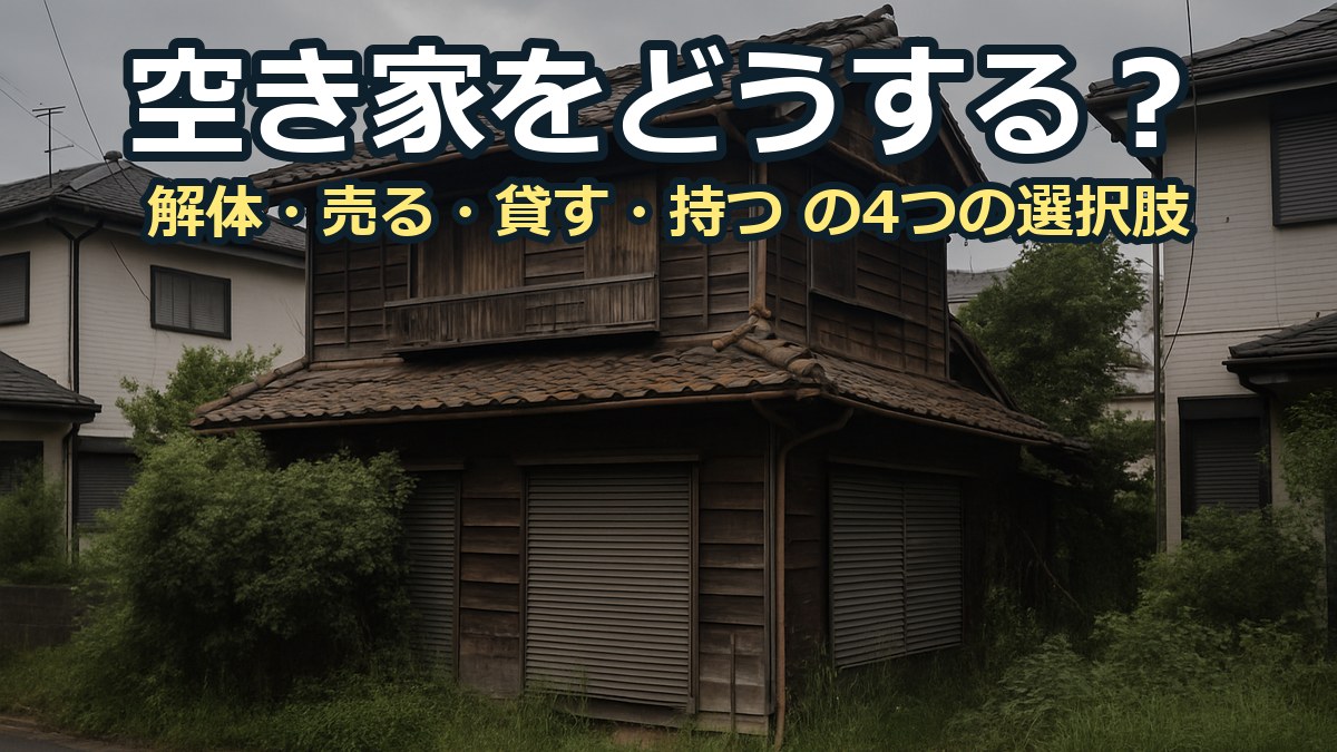 雨戸が閉まったままの古い木造の空き家。庭は草が伸び、曇り空の住宅街に建っている