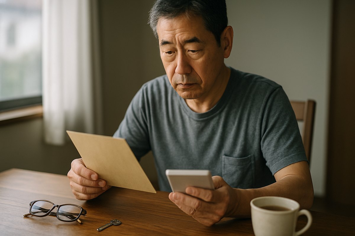 食卓で封書と電卓を手に、固定資産税の通知を確かめる50代の男性