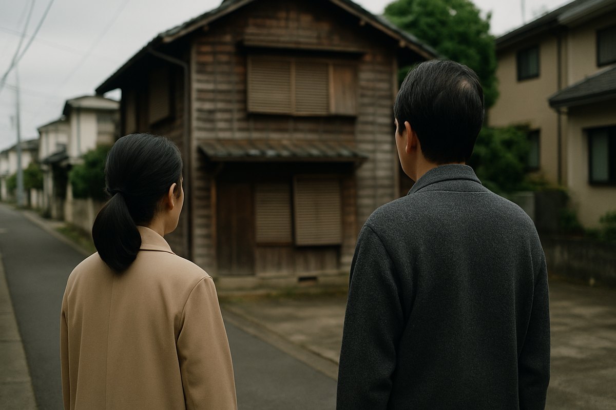 住宅街で、雨戸の閉まった古い実家を前に立ち止まる夫婦の後ろ姿