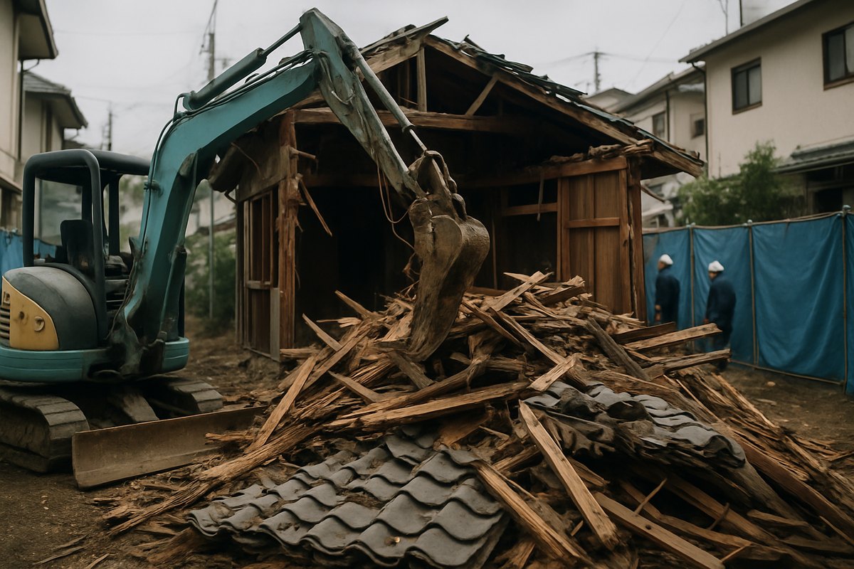 小型の重機で木造住宅を解体している現場。瓦と木材が積まれ、青い養生シートで囲われている