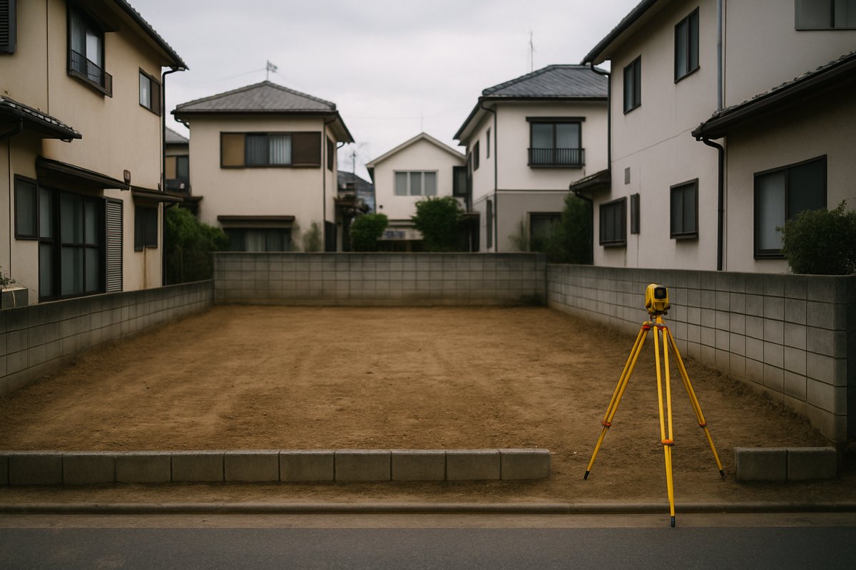 解体後に整地された住宅街の更地。測量の三脚が立ち、両隣に家が建っている