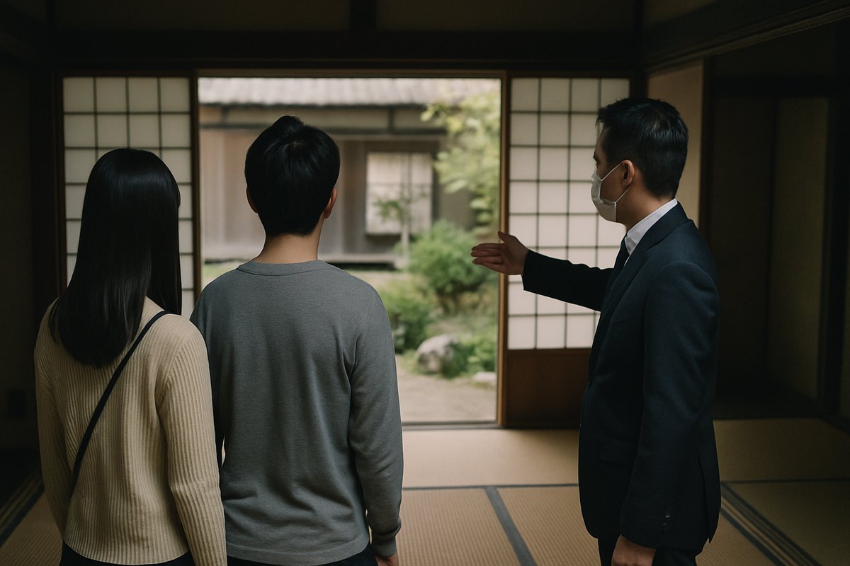 自治体の担当者に案内されて、畳の間から小さな庭を眺める古民家の内覧。空き家バンクの見学の一場面