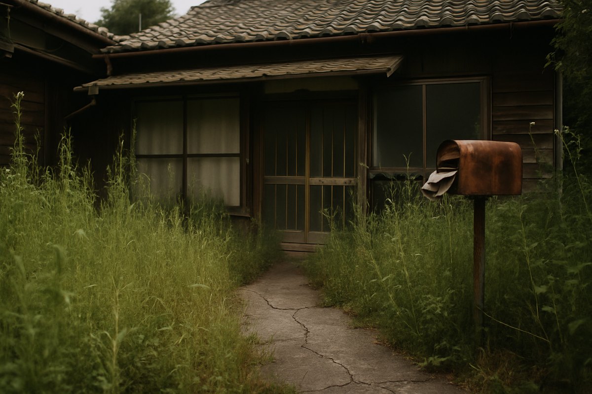 雑草が窓まで伸び、チラシで詰まった錆びた郵便受けがある放置された空き家