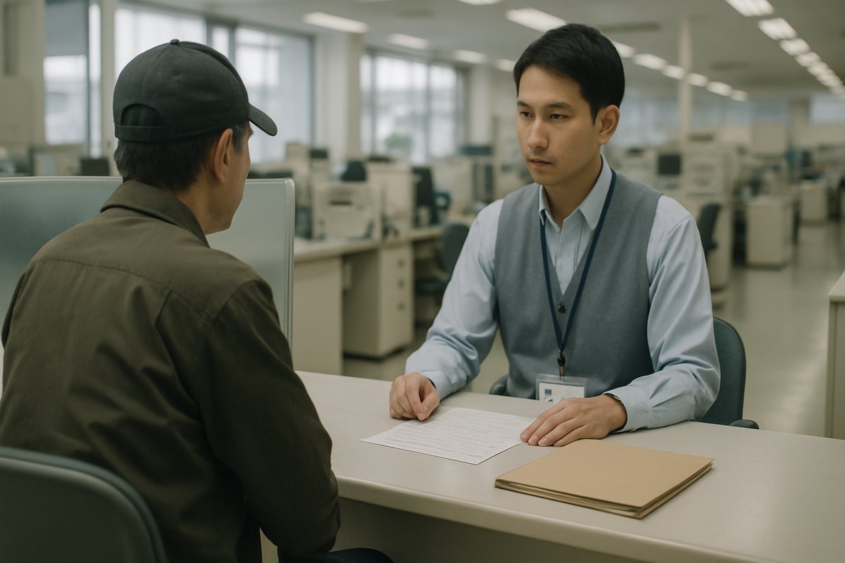 市役所の相談窓口で、職員と書類を挟んで向かい合う住民