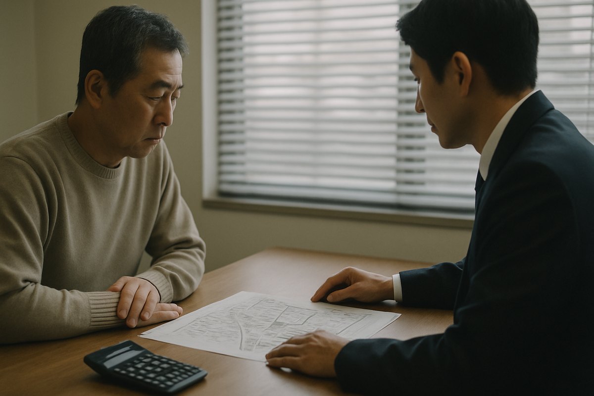 不動産会社の机で、物件の地図と電卓を前に担当者と向かい合う50代の男性