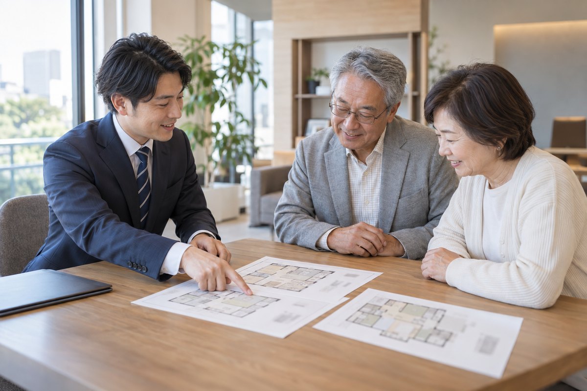 不動産会社の打ち合わせテーブルで、スーツ姿の担当者が間取り図を指さし、年配の夫婦が見ている様子