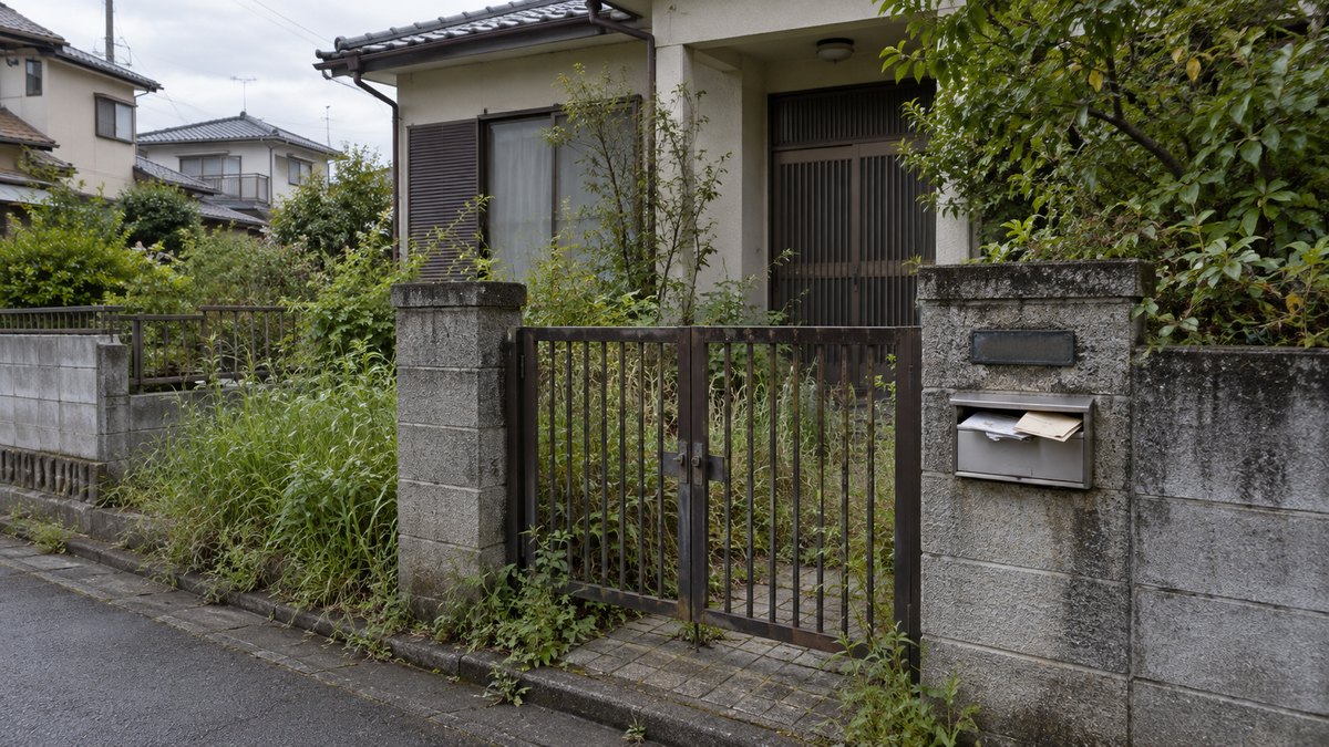 空き家の門扉と郵便受け。郵便物がはみ出し、庭の草が伸びている