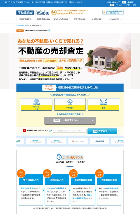 HOME4U公式サイトのトップ画面。「不動産の売却査定」「厳選2,500社と提携」「ご利用0円」「業界初！国内最大級」と、マンション一室・一戸建て・土地から物件種別を選ぶボタンが表示