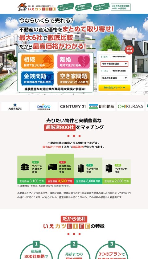 いえカツLIFE公式サイトのトップ画面。「最大6社で徹底比較」と、相続・離婚・金銭問題・空き家問題の4つの枠、「3つの売却査定額を一挙に一括比較」「超厳選800社をマッチング」が表示