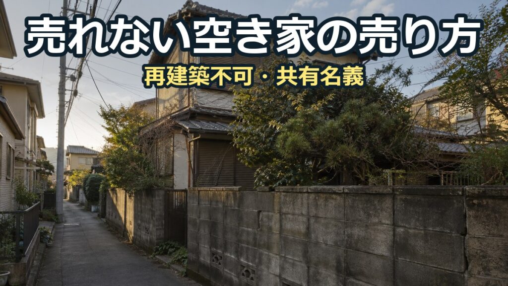 狭い道に面して建つ、雨戸を閉めたままの古い木造2階建ての空き家。庭木が塀からはみ出している
