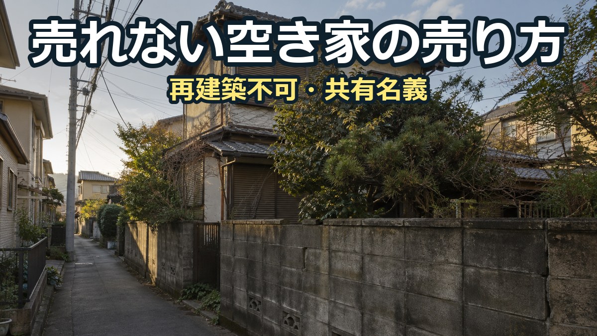 狭い道に面して建つ、雨戸を閉めたままの古い木造2階建ての空き家。庭木が塀からはみ出している