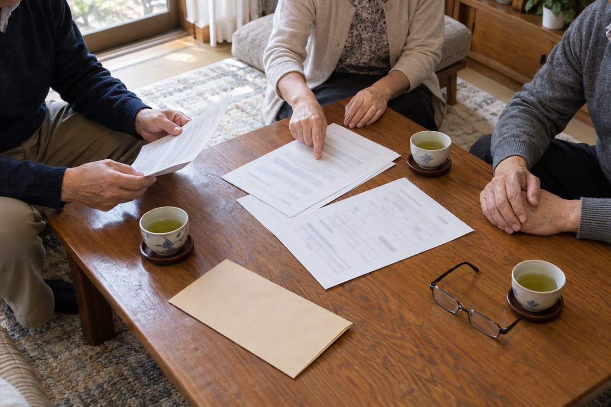 座卓に書類を広げ、きょうだい3人が実家の相続について話し合っている手元