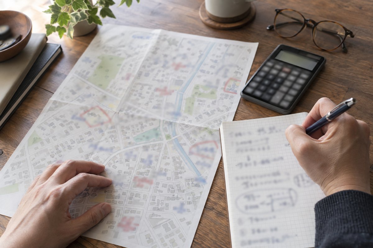 机に広げた住宅地図と方眼のメモ用紙、電卓を前に、近所の取引価格を書き出している手元