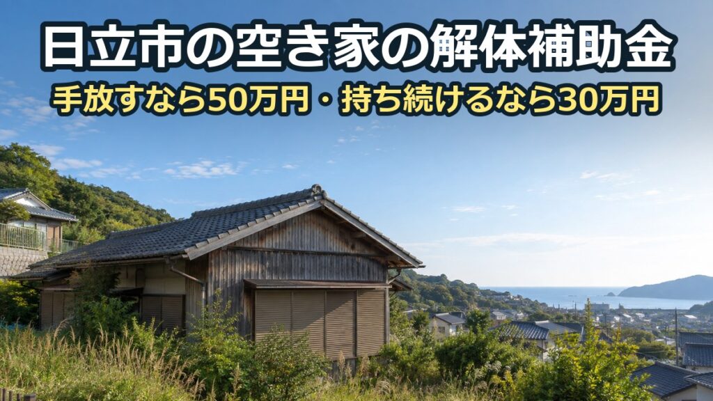 海の見える高台の住宅地にある、雨戸を閉めた古い木造一戸建て。庭の草が伸びている