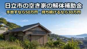 海の見える高台の住宅地にある、雨戸を閉めた古い木造一戸建て。庭の草が伸びている