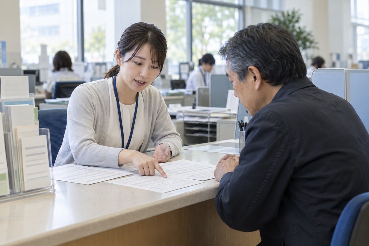 市役所の相談カウンターで、職員が書類を指さしながら来庁者に説明している様子