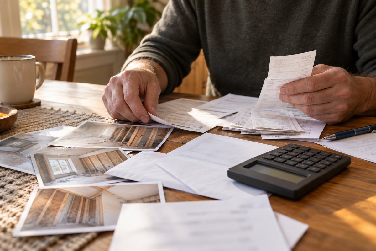 テーブルの上で領収書や工事の写真、封筒などの書類をそろえている手元。電卓とボールペンが置かれている