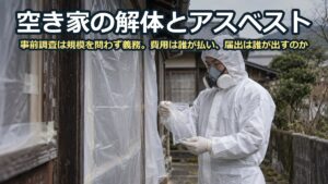 白い防護服と防じんマスクを着けた作業者が、養生シートを張った古い日本家屋のわきでサンプル袋を手にしている