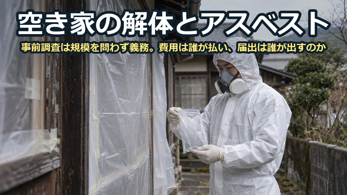 白い防護服と防じんマスクを着けた作業者が、養生シートを張った古い日本家屋のわきでサンプル袋を手にしている