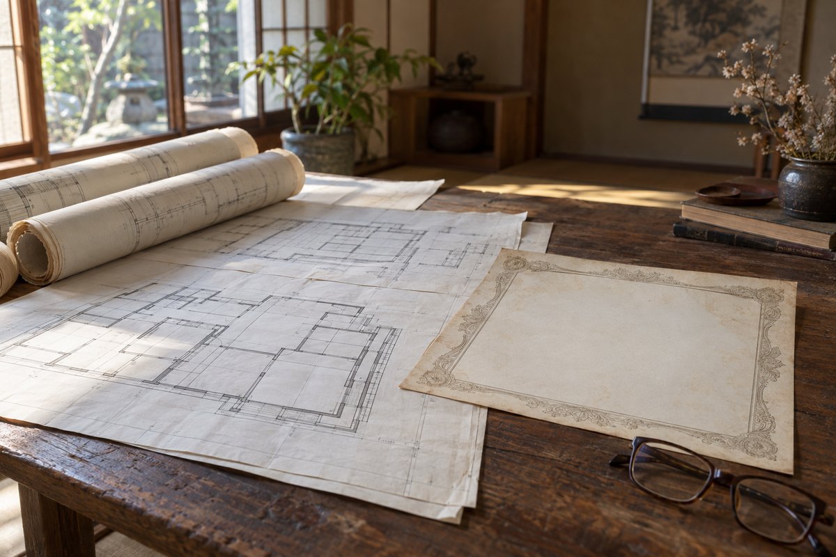 古い建築図面の巻物と色あせた紙の証書を、和室の座卓の上に広げたところ。角に老眼鏡が置かれている
