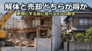 住宅地で重機が木造2階建ての屋根を崩している解体工事の現場。養生シートと足場が張られ、隣には古い家が建っている