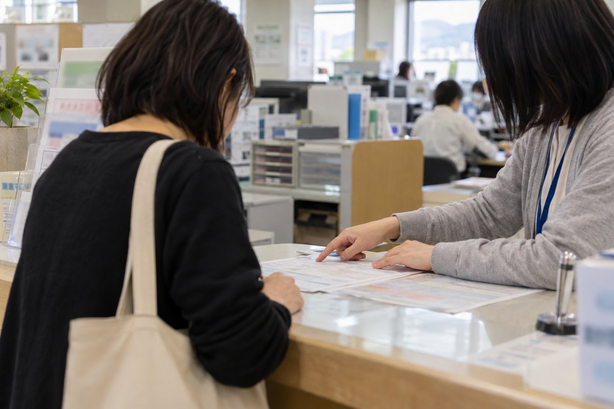市役所の窓口カウンターで、職員が書類を指さしながら住民に説明している様子