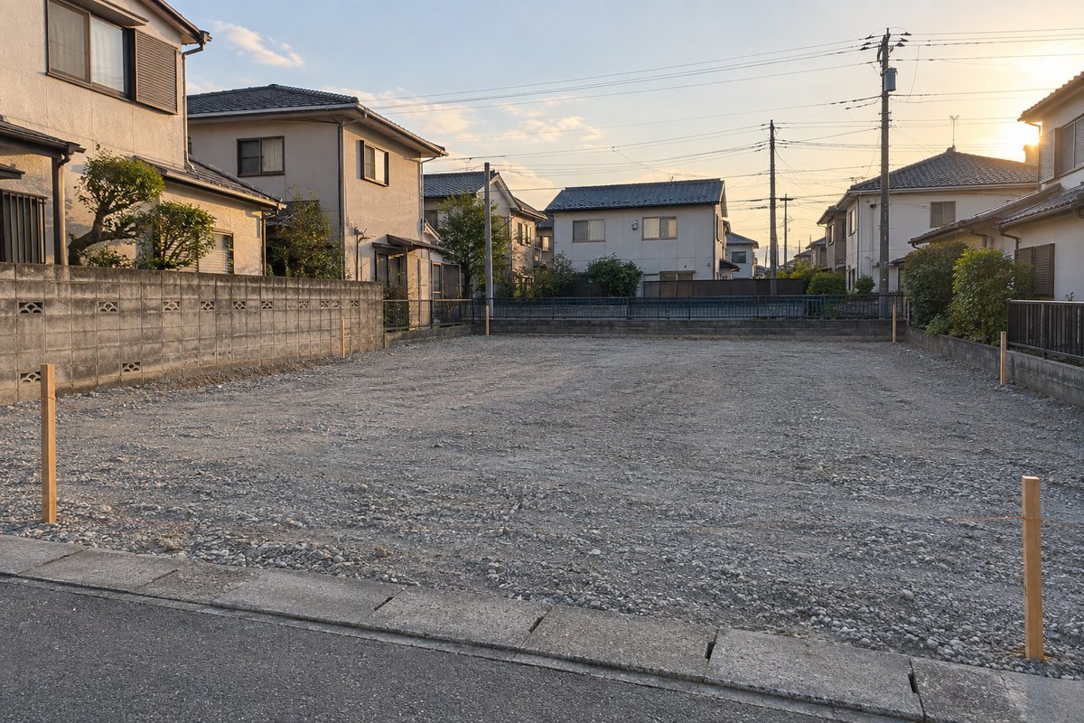 解体が終わって砂利がならされた更地。境界の杭とブロック塀が残り、周囲に住宅が並んでいる