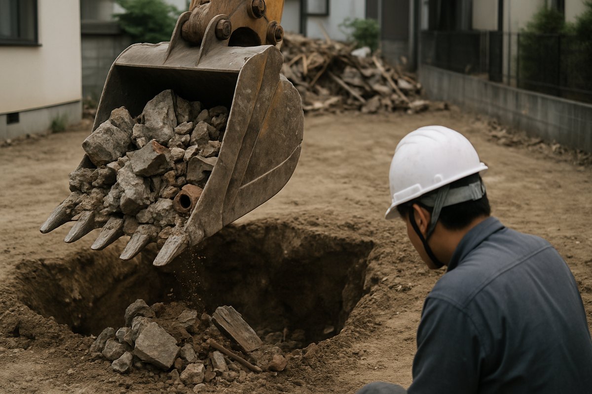 解体現場で掘り起こされた古いコンクリート塊を重機がすくい上げている様子