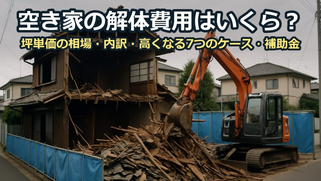 小型の重機で古い木造2階建てを解体している現場。屋根の半分が外れ、木材と瓦が積まれている