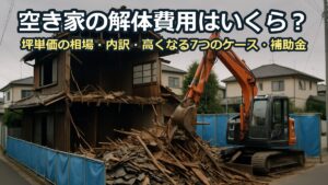 小型の重機で古い木造2階建てを解体している現場。屋根の半分が外れ、木材と瓦が積まれている