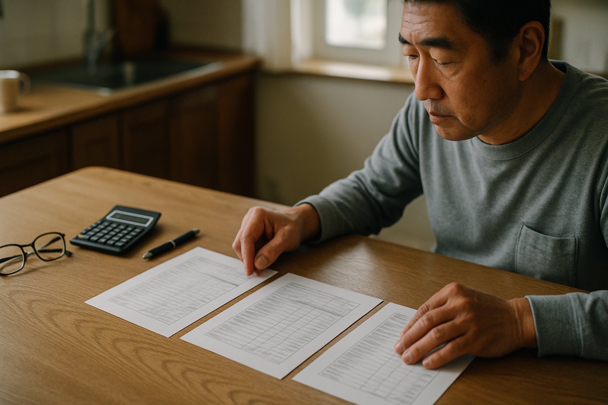 食卓で3枚の見積書を並べて比べる50代男性の手元。電卓とペンが置かれている
