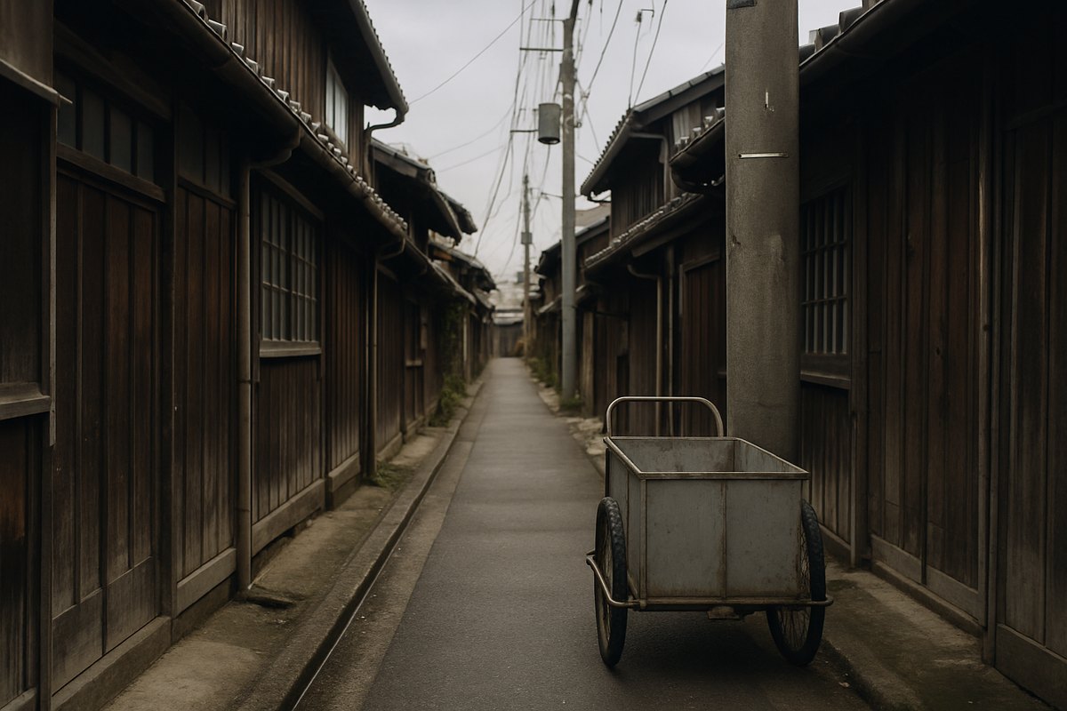 幅2メートルほどの狭い路地。古い木造家屋に挟まれ、トラックが入れない