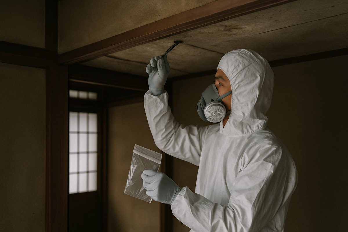 白い防護服と防じんマスクの調査員が、空き家の天井板から石綿の事前調査の試料を採っている