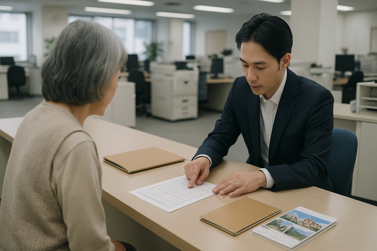 市区町村の住宅相談窓口で、職員が申請書を指しながら60代の住民に説明している