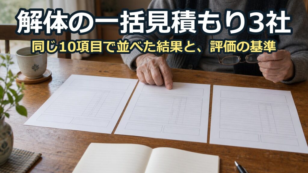 3通の見積書を食卓に並べ、老眼鏡をかけた手元が見比べている