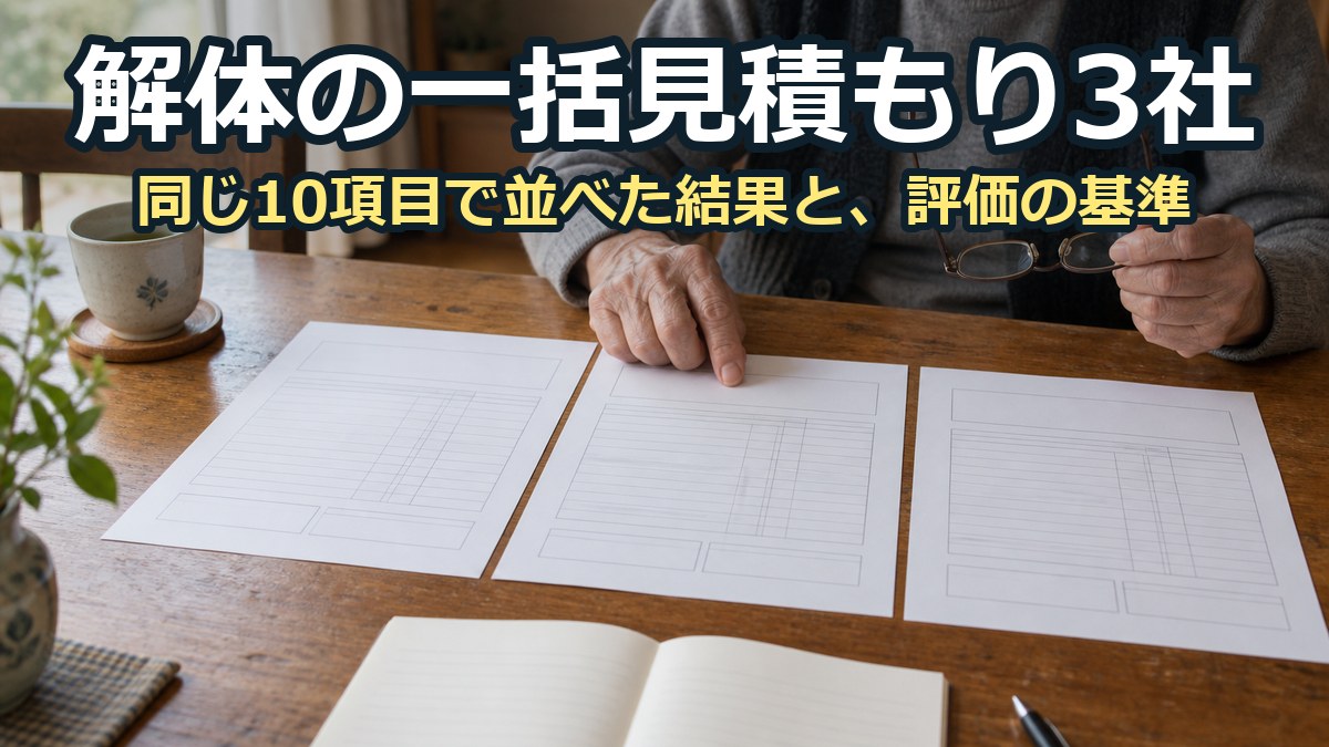 3通の見積書を食卓に並べ、老眼鏡をかけた手元が見比べている