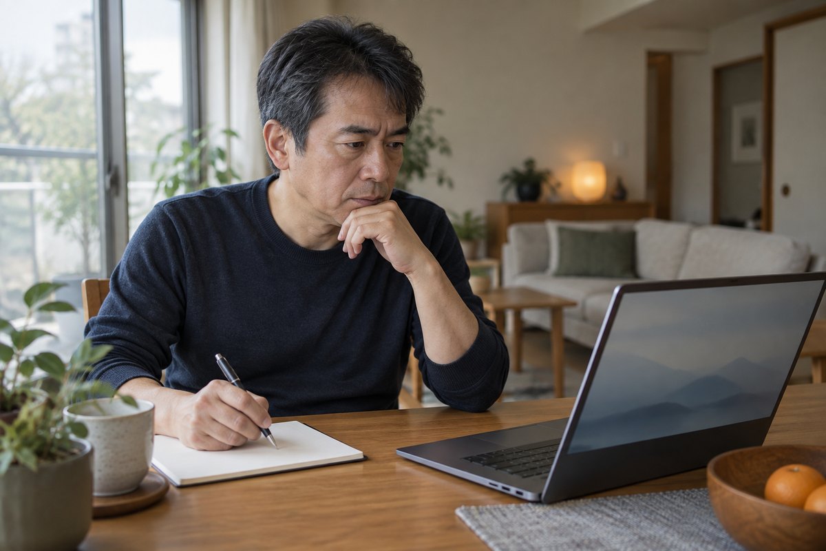 自宅の机でノートパソコンの画面を見ながら紙にメモを取っている50代の人
