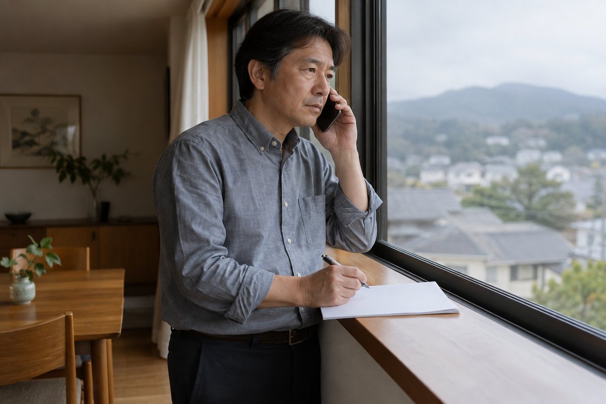 窓辺でスマートフォンを耳に当て、書類を手にメモを取っている中年男性
