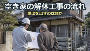 古い木造2階建ての空き家の前で、ヘルメットをかぶった職人が図面を広げ、年配の男性に説明している。右手前に足場の資材が積まれている