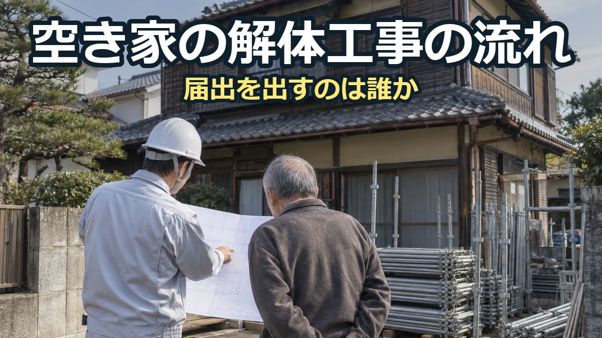 古い木造2階建ての空き家の前で、ヘルメットをかぶった職人が図面を広げ、年配の男性に説明している。右手前に足場の資材が積まれている