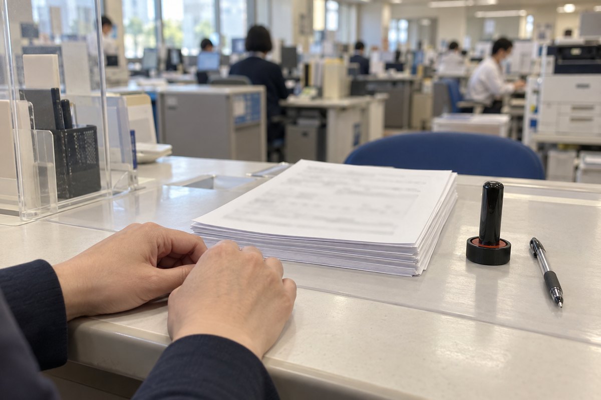 役所の窓口カウンターに置かれた申請書類の束と印鑑、ボールペン