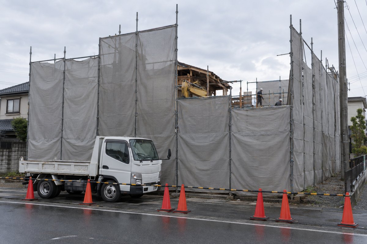 足場と防音の養生シートに覆われた解体工事中の木造住宅。前面の道路にトラックが止まりコーンが並んでいる