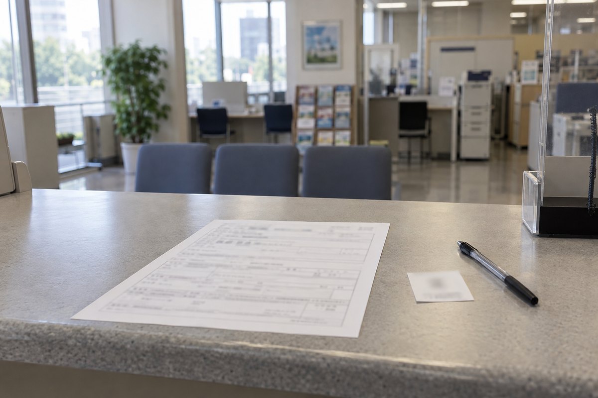 法務局の窓口に置かれた申請書と順番待ちの番号札、ボールペン