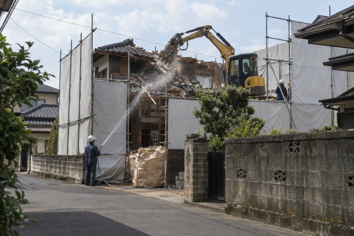 足場と白いシートで囲った木造住宅を小型の重機で解体し、作業員がホースで水をまいてほこりを抑えている住宅地の工事現場