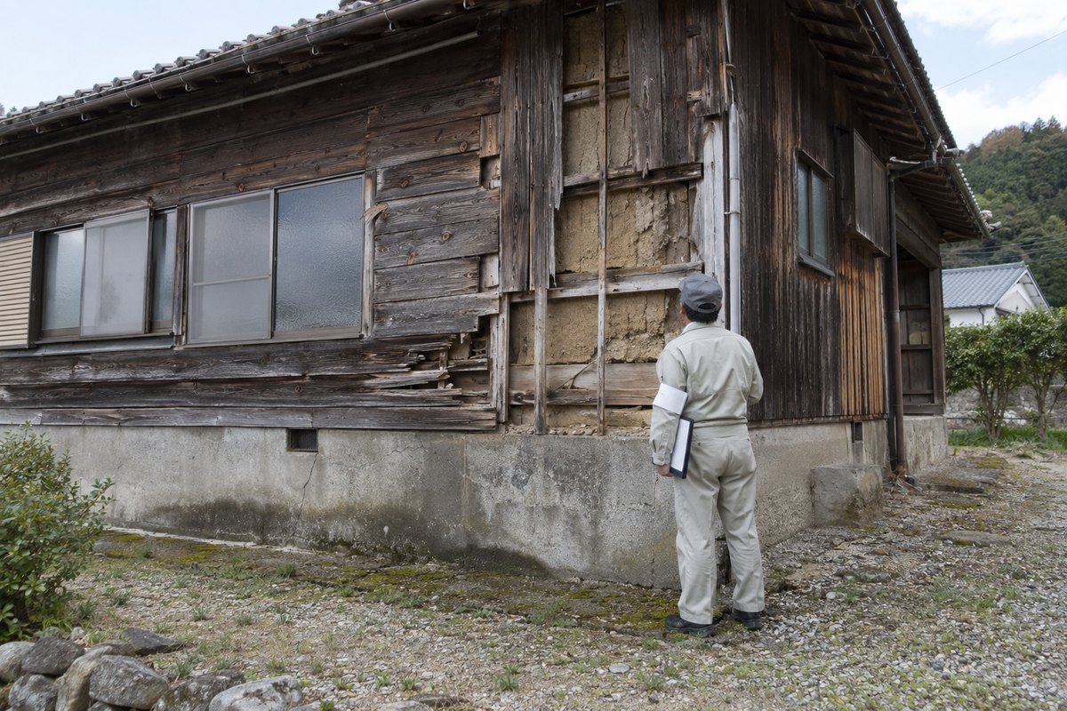 外壁の板がはがれて土壁が見える古い木造住宅を、作業着の人がバインダーを手に見上げて確認している様子