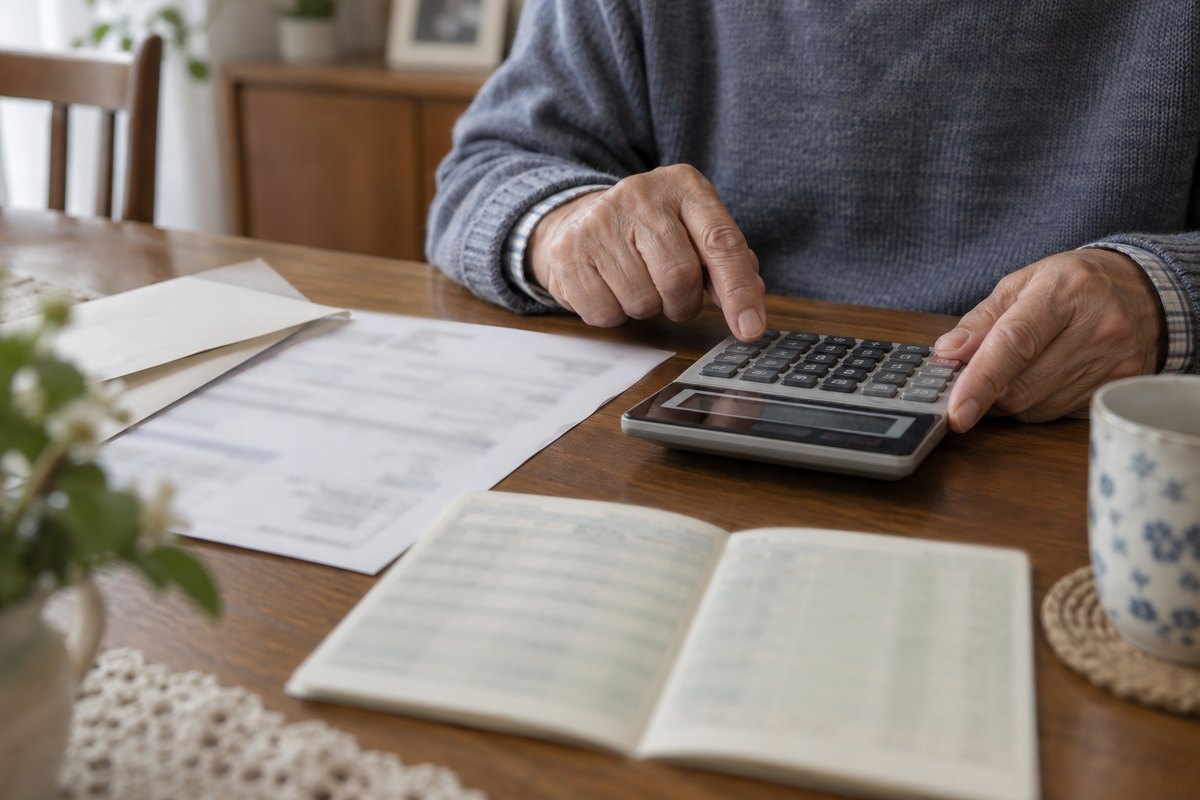テーブルに見積書と通帳を広げ、電卓で金額を計算している手元