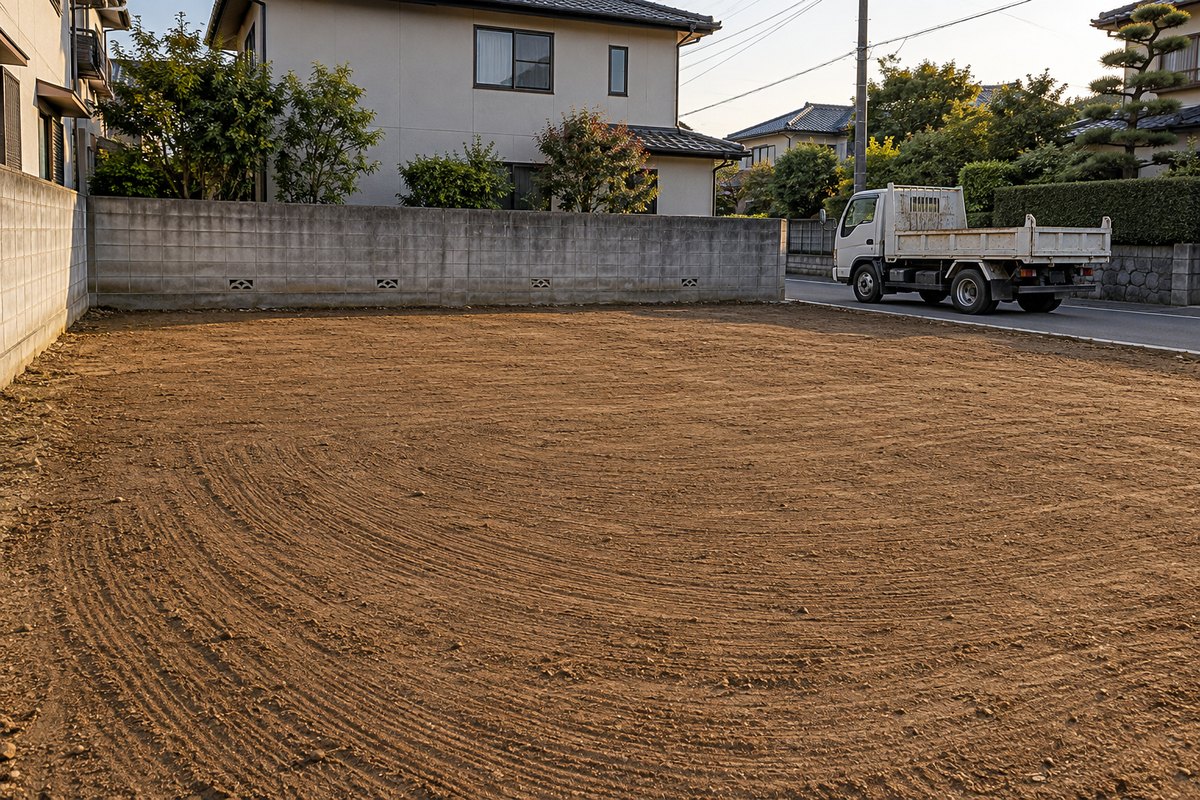 木造住宅を解体したあとに整地された更地と、奥に止まった小型ダンプトラック